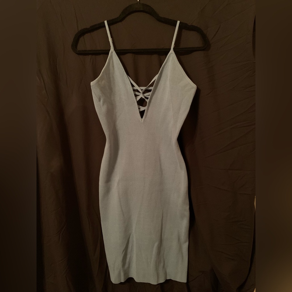 Pale Blue, Body-con, Low-cut front w/criss cross back.